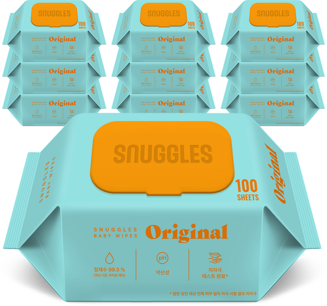 스너글스 오리지널 유아용 저자극 아기물티슈 캡형, 10팩, 100매, 50g