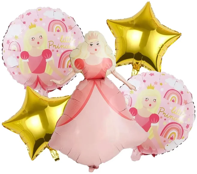 Make&Fun Balloons 鋁質氣球組 4711409282992 公主氣球63 x 97cm+ 圓形氣球18吋+ 星型氣球18吋 5個, 金髮公主 粉色, 1組
