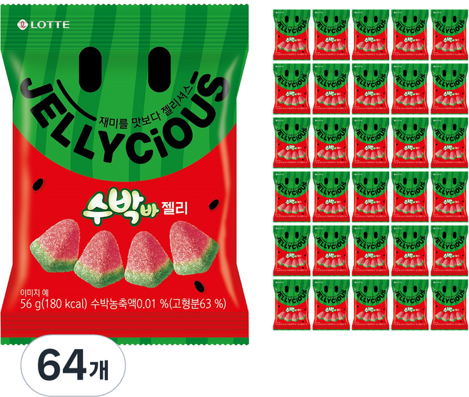 롯데웰푸드 젤리셔스 수박바 젤리, 56g, 64개