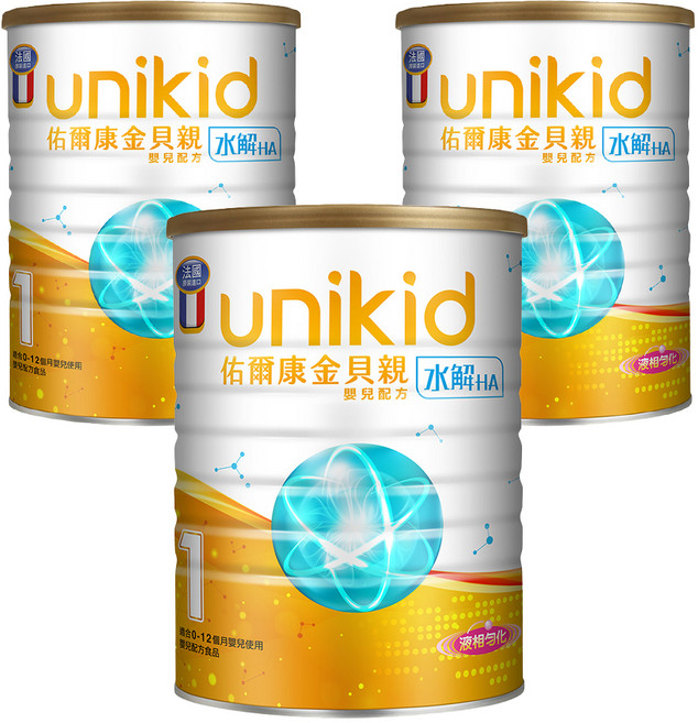 unikid 佑爾康 金貝親水解嬰兒配方 1號, 850g, 3罐
