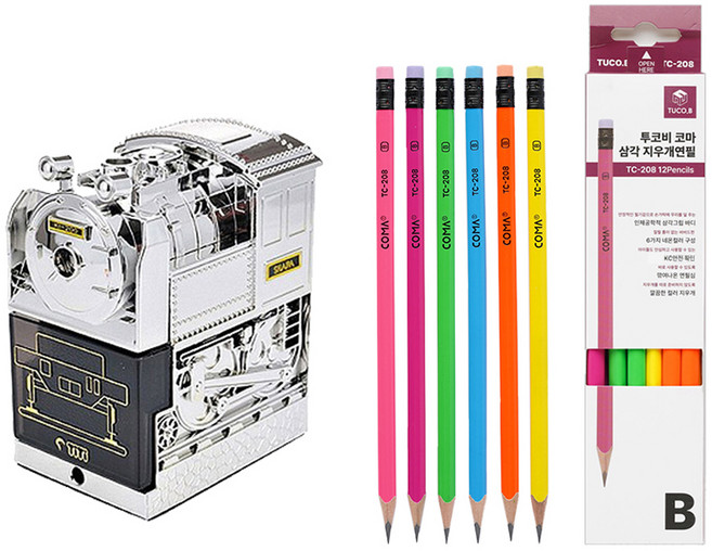 티티 하이샤파 연필깎이 KI-200 + 투코비 코마 삼각 지우개 연필 TC-208 6종 2개, 은색 + 혼합색상, 1세트