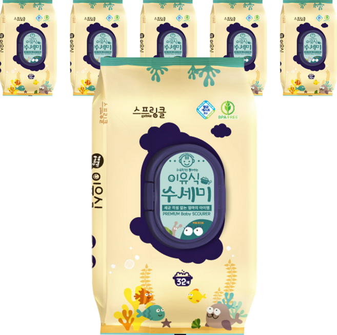 스프링클 일회용 이유식 수세미, 혼합색상, 6개, 32개입