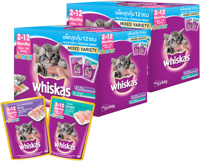 위스카스 주니어 고양이 믹스드 버라이어티팩 주식파우치 참치 6p + 고등어 6p, 참치+고등어, 80g, 24개