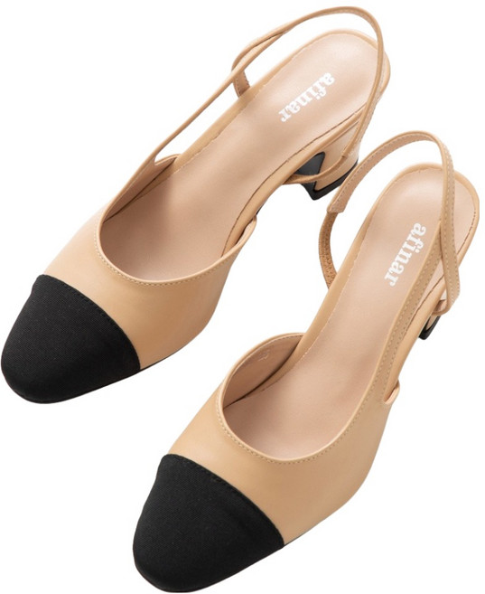 afinar 圓頭雙色拼接露跟鞋 (6公分粗跟)