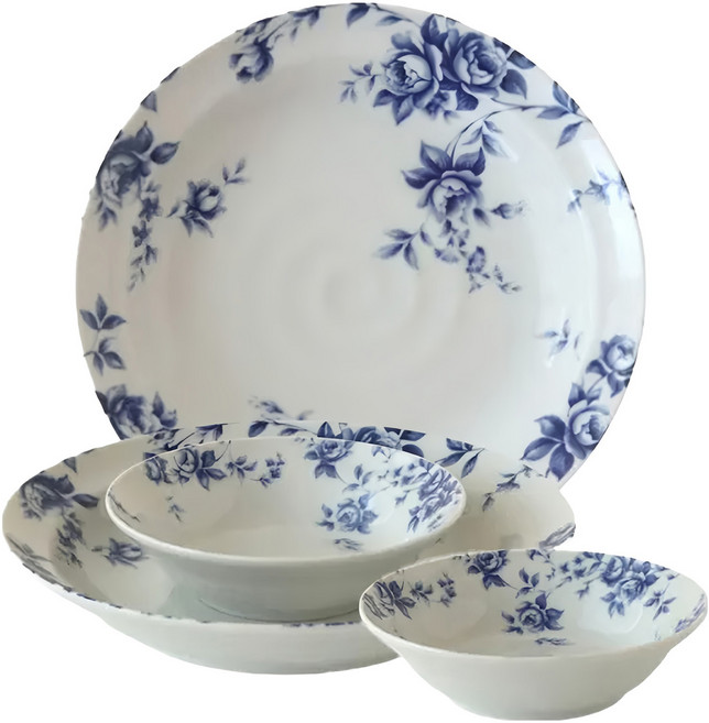 JUST HOME 日本製花願陶瓷餐具4件禮盒組, 2個湯盤 + 2個小碗, 白色 + 藍色, 1組