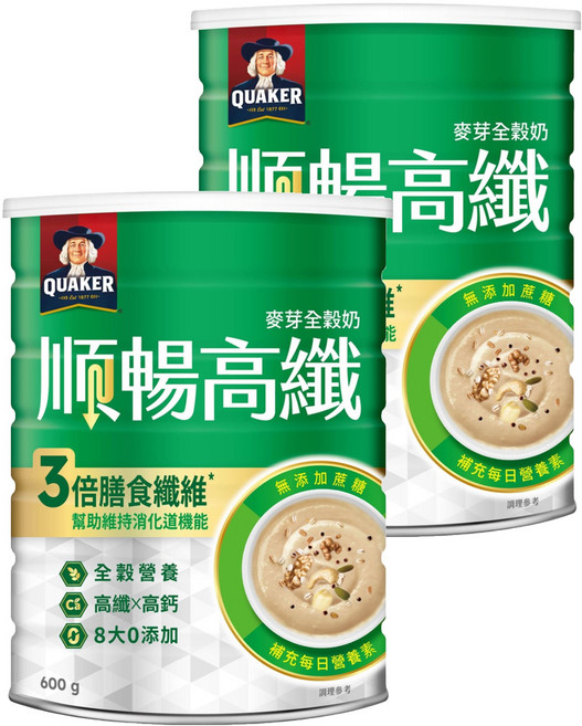 QUAKER 桂格 順暢高纖營養全穀奶, 600g, 2罐