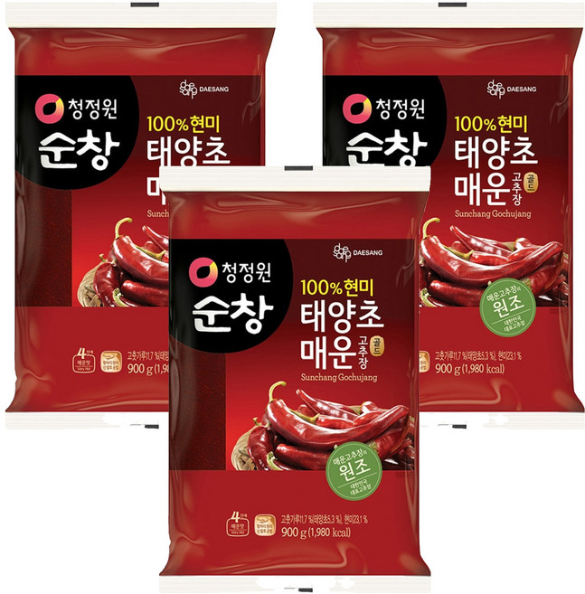 청정원 순창 태양초 매운 고추장, 900g, 3개