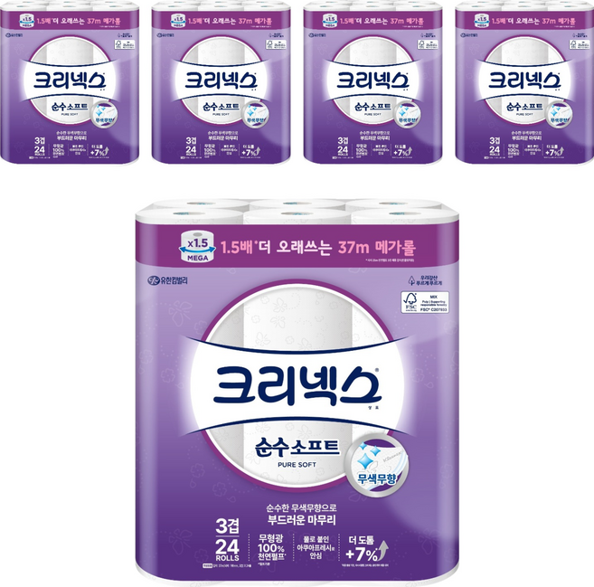 크리넥스 순수소프트 천연펄프 3겹 화장지, 37m, 24개입, 5개