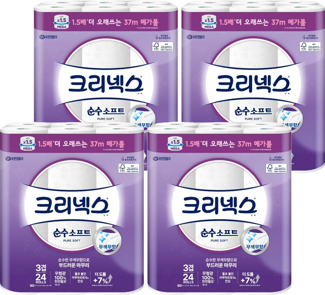 크리넥스 순수소프트 천연펄프 3겹 고급롤화장지, 37m, 24개입, 4개