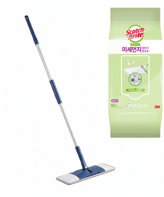 3M Scotch-Brite 百利 全觸控雙效桿式拖把 藍色標準型 + 基本款清潔擦布 60張, 1組