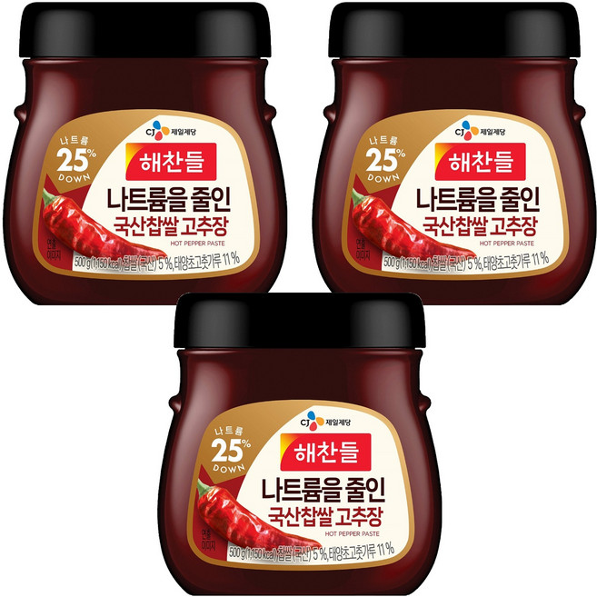 해찬들 나트륨을줄인 국산찹쌀 고추장, 500g, 3개