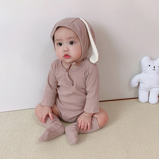 JOY MULTI 孩童素色連身包屁衣+兔子造型帽+長筒襪組