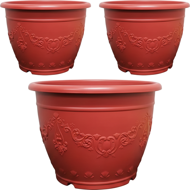 花兒姿 皇家浮雕花盆 聚丙烯(PP)+耐衝擊 台灣製造, 磚紅色, 3個