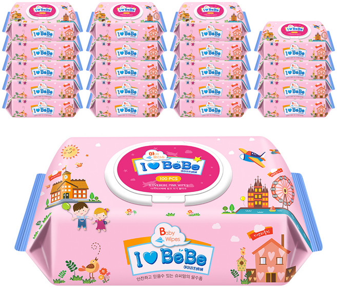 아이러브베베 핑크 물티슈 캡형, 43g, 100매, 20개