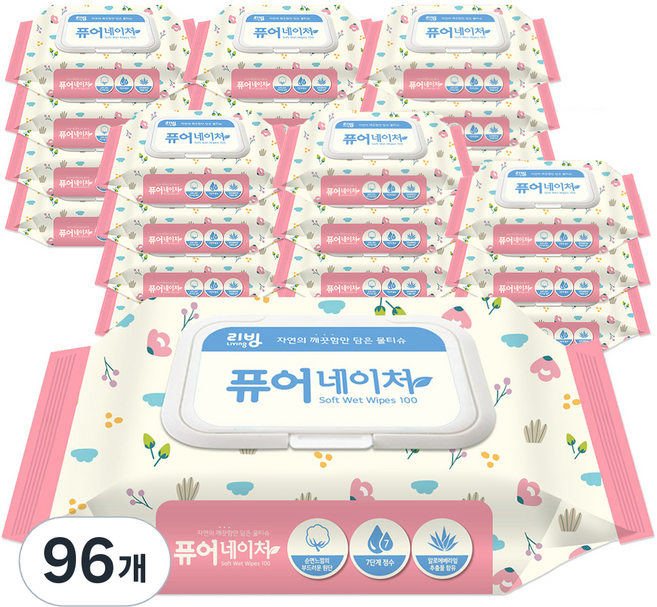 리빙티슈 퓨어네이쳐 물티슈 캡형, 100매, 96개