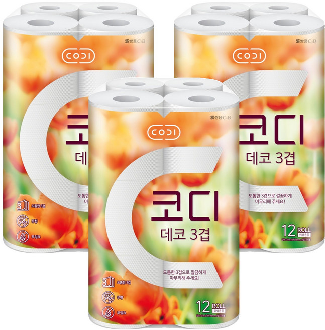 코디 3겹 데코 고급 롤화장지, 27m, 12개입, 3개