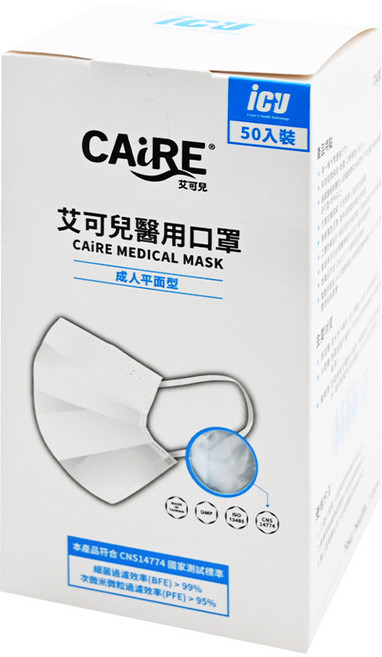 CAiRE 艾可兒 成人平面醫用口罩 未滅菌 175 x 95mm, 天空藍, 50片, 1盒
