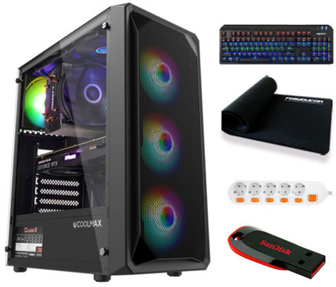 포유컴퓨터 게이밍 에디션 조립 PC 12 (라이젠5-5600X WIN미포함 RAM 16GB NVMe 500GB RTX2060) + 게이밍 기계식 키보드 + 게이밍 장패드 + 5구형 멀티탭 + USB 32GB, 기본형