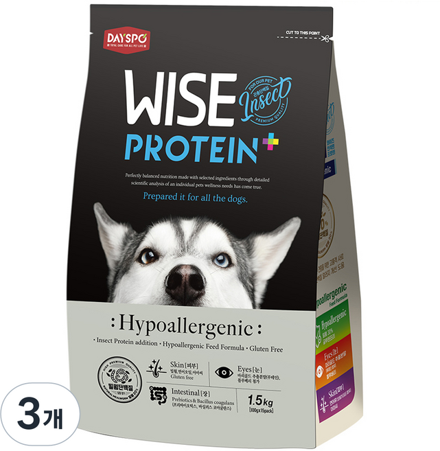 데이스포 강아지 와이즈 인섹트 프로틴 기능성 사료, 피부/피모+알러지, 1.5kg, 3개