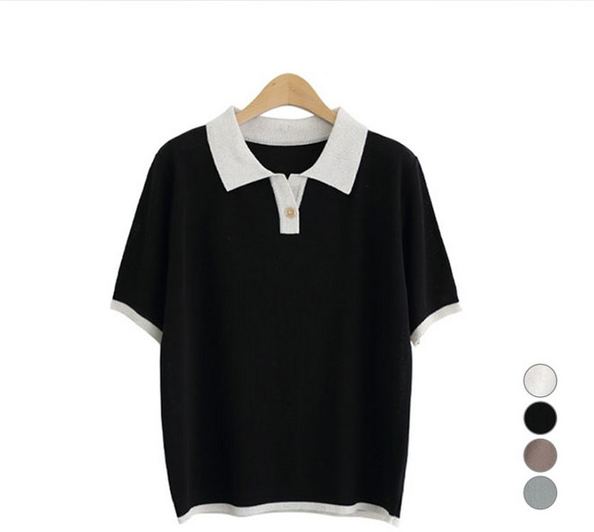 JENIT 女款翻領拼色鈕扣短袖針織衫