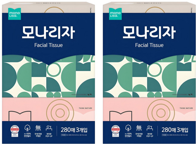 모나리자 천연펄프 미용티슈 2겹, 280매, 6개