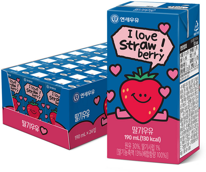 연세우유 딸기우유, 190ml, 24개