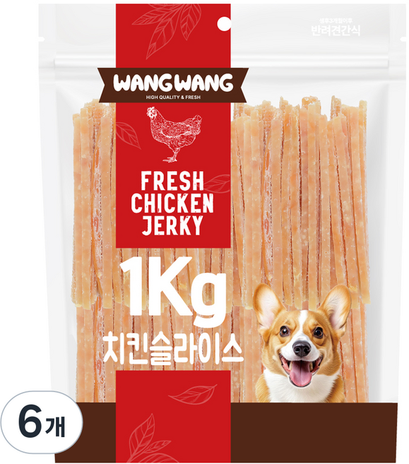 왕왕 강아지 프리미엄 대용량 치킨슬라이스 간식, 1kg, 6개, 닭고기맛