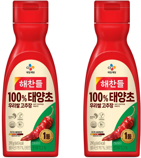 해찬들 100% 태양초 우리쌀 고추장, 290g, 2개