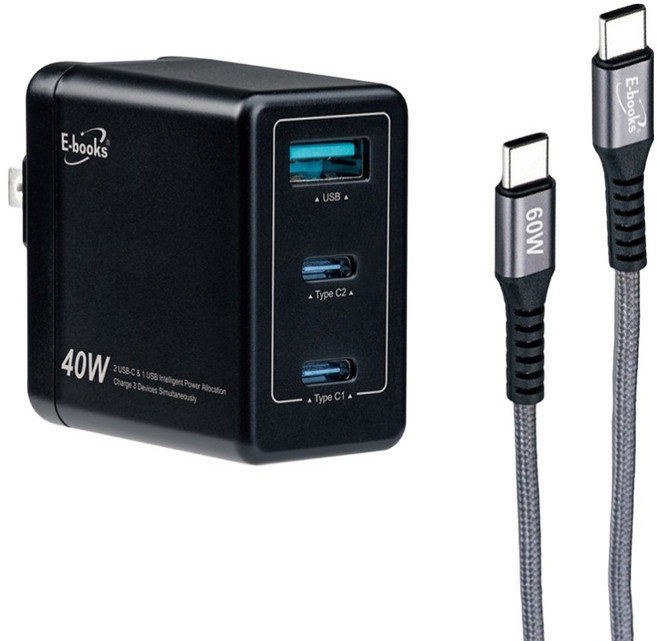 E-books 40W PD + QC3.0 高效能三孔快速充電器 + 60W C-C鋁製線, 黑色, 1盒