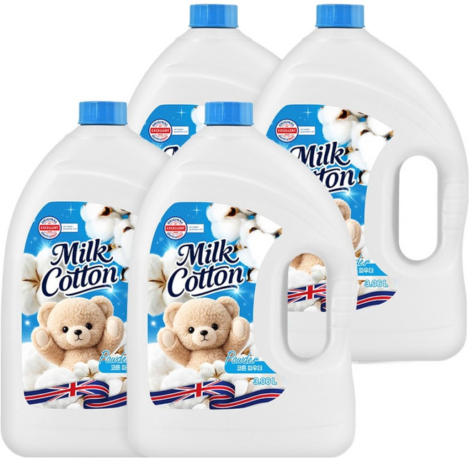 밀크코튼 섬유유연제 파우더 코튼 파우더향 본품, 3.06L, 4개
