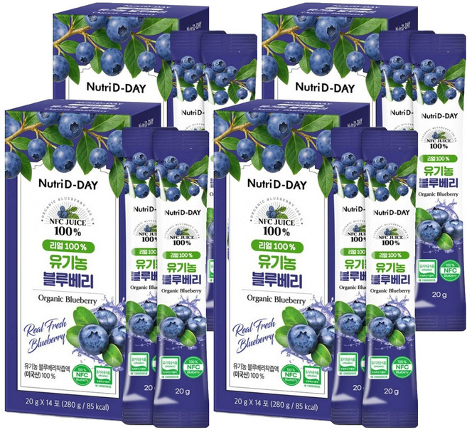 뉴트리디데이 리얼 100% NFC 착즙 유기농 블루베리 스틱, 280g, 4개