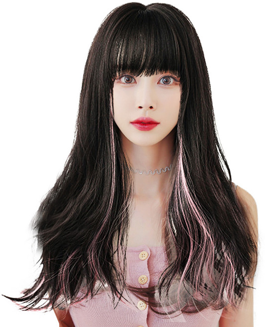 하이유니 S컬 펌 웨이브 롱 헤어 통가발 가발 62cm + 가발망 + 거치대 세트, 블랙 + 베리, 1개