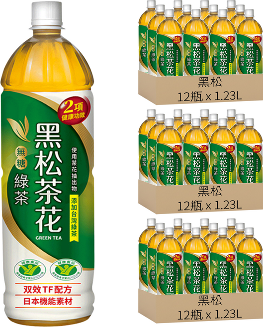 黑松 茶花 無糖綠茶, 1.23L, 36瓶