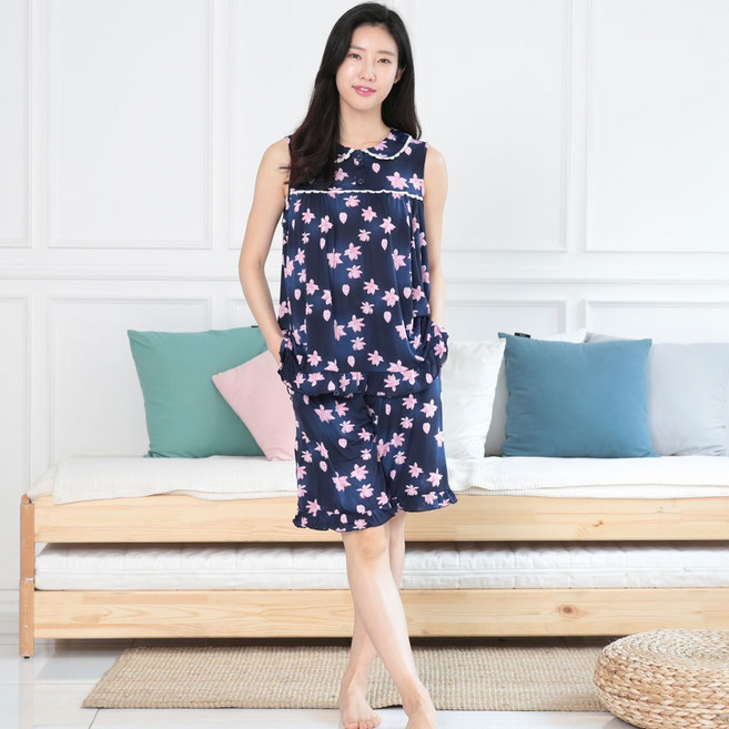 에이원패션 여성용 냉감 쿨 프릴 나시 잠옷 상의 + 하의 세트