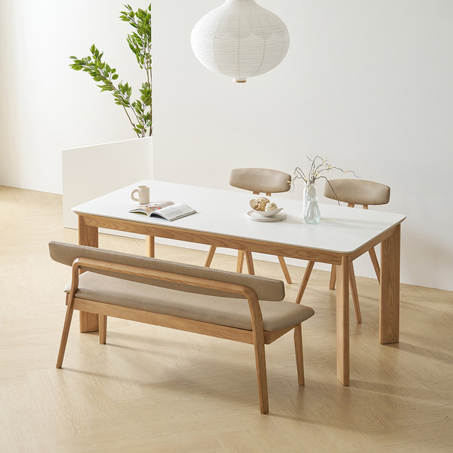 보니애가구 마세린 애쉬원목 세라믹 1800 식탁 + 벤치 + 의자 5인용 세트 방문설치, 화이트 + 아이보리 + 네추럴, 일반 2 + 벤치 1