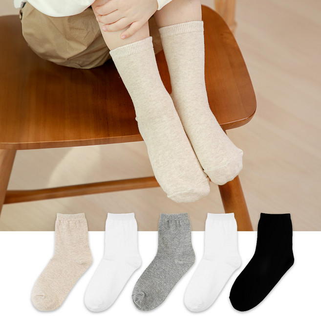 베이스알파에센셜 아동용 베이직 무지 중목 양말 5켤레 세트