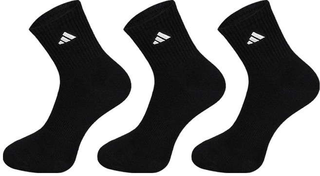 아디다스 베이직 중목 자수 스포츠양말, 블랙, 3세트