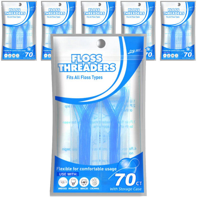 닥터치카 FLOSS THREADERS 교정용 브릿지 치실 홀더, 70개입, 6개