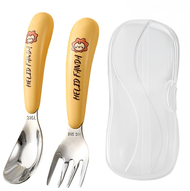 원더파파 유아용 귀여운 캐릭터 316스텐 수저 + 포크 + 케이스 세트, 옐로우라이언, 1세트