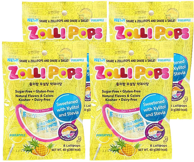 ZOLLI POPS 水果風味無糖棒棒糖, 40g, 鳳梨口味, 4袋