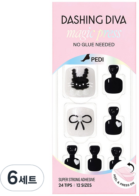 데싱디바 매직프레스 페디 블랙 래빗 세트, 6세트, 블랙 + 실버 + 화이트