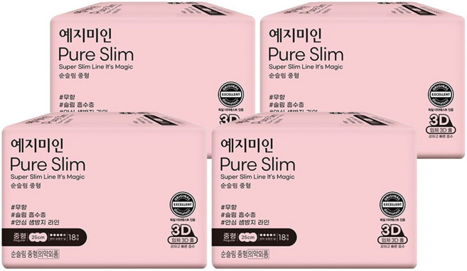예지미인 뉴 순슬림 생리대 날개형, 중형, 18개입, 4개