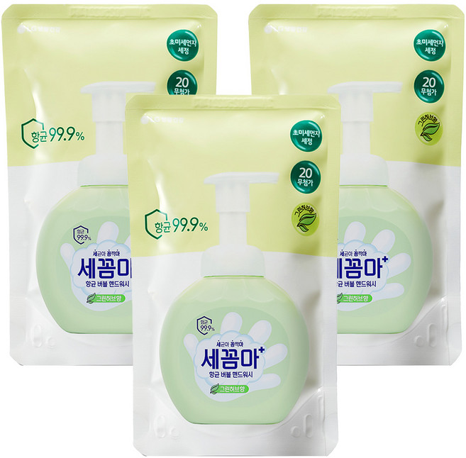 세균아꼼짝마 온더바디 버블 핸드워시 그린허브향 리필, 200ml, 3개