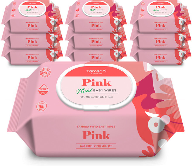 탐사 비비드 아기물티슈 핑크 캡형 50평량, 10개, 100개입
