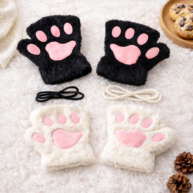 파티쇼 밍크 고양이 장갑 양손 2종 세트, 블랙 + 화이트, 1세트