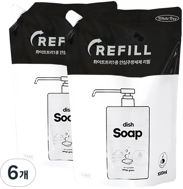 화이트트리 1종 안심 주방세제 리필, 1L, 6개