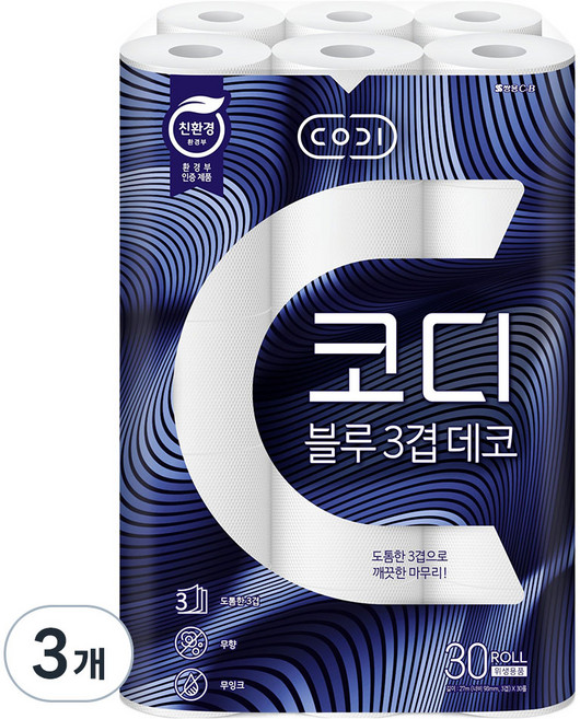 코디 블루 3겹 데코 롤 화장지, 27m, 30롤, 3개
