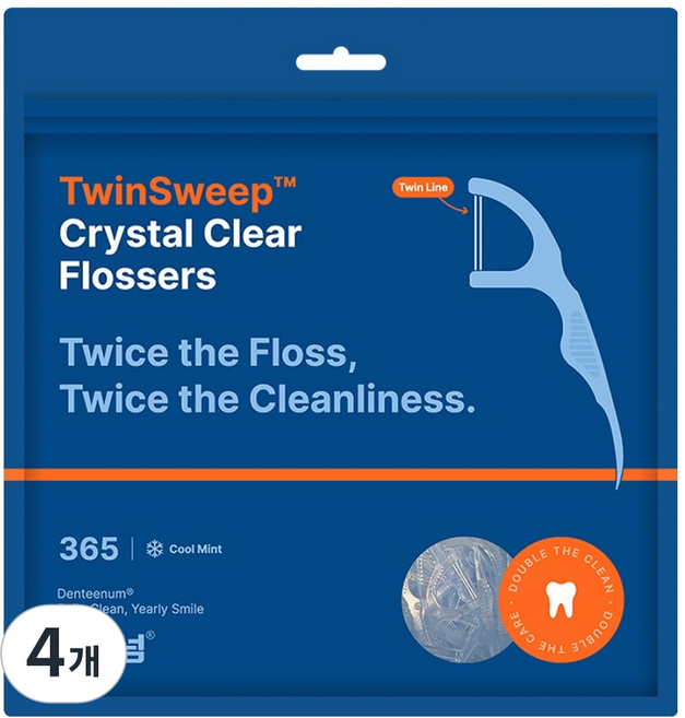 덴티넘 트윈스윕 트윈라인 두줄치실, 4개, 365개입, 80mm