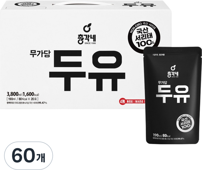 총각네 국산 서리태 무가당 두유, 190ml, 60개
