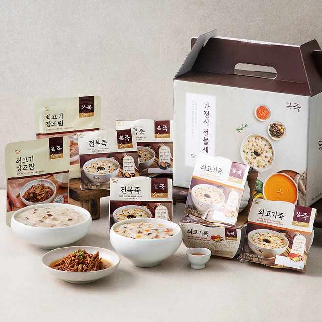 본죽 베스트 선물세트 전복죽 3팩 + 쇠고기죽 3팩 + 쇠고기 장조림 2팩 (냉장), 1.869kg, 1세트